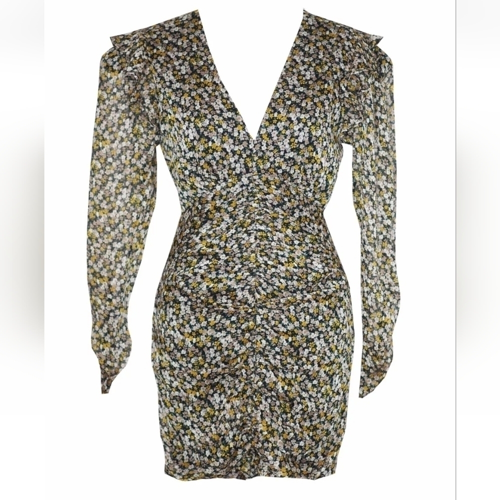 ASTR XS The Label Kimbra Dress Mini Ruched Floral Long Sleeve Ruffle V Neck - Picture 7 of 14